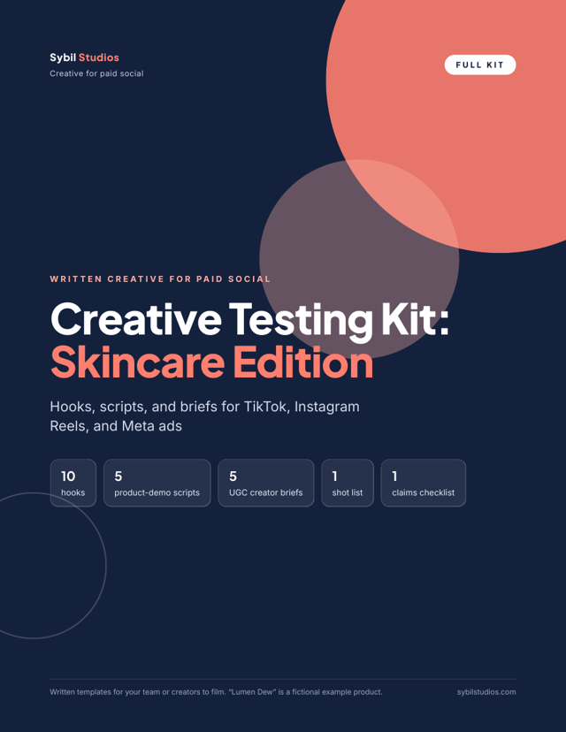 Cover of the Creative Testing Kit: Skincare Edition by Sybil Studios: 10 hooks, 5 scripts, 5 UGC briefs, a shot list, and a claims checklist.